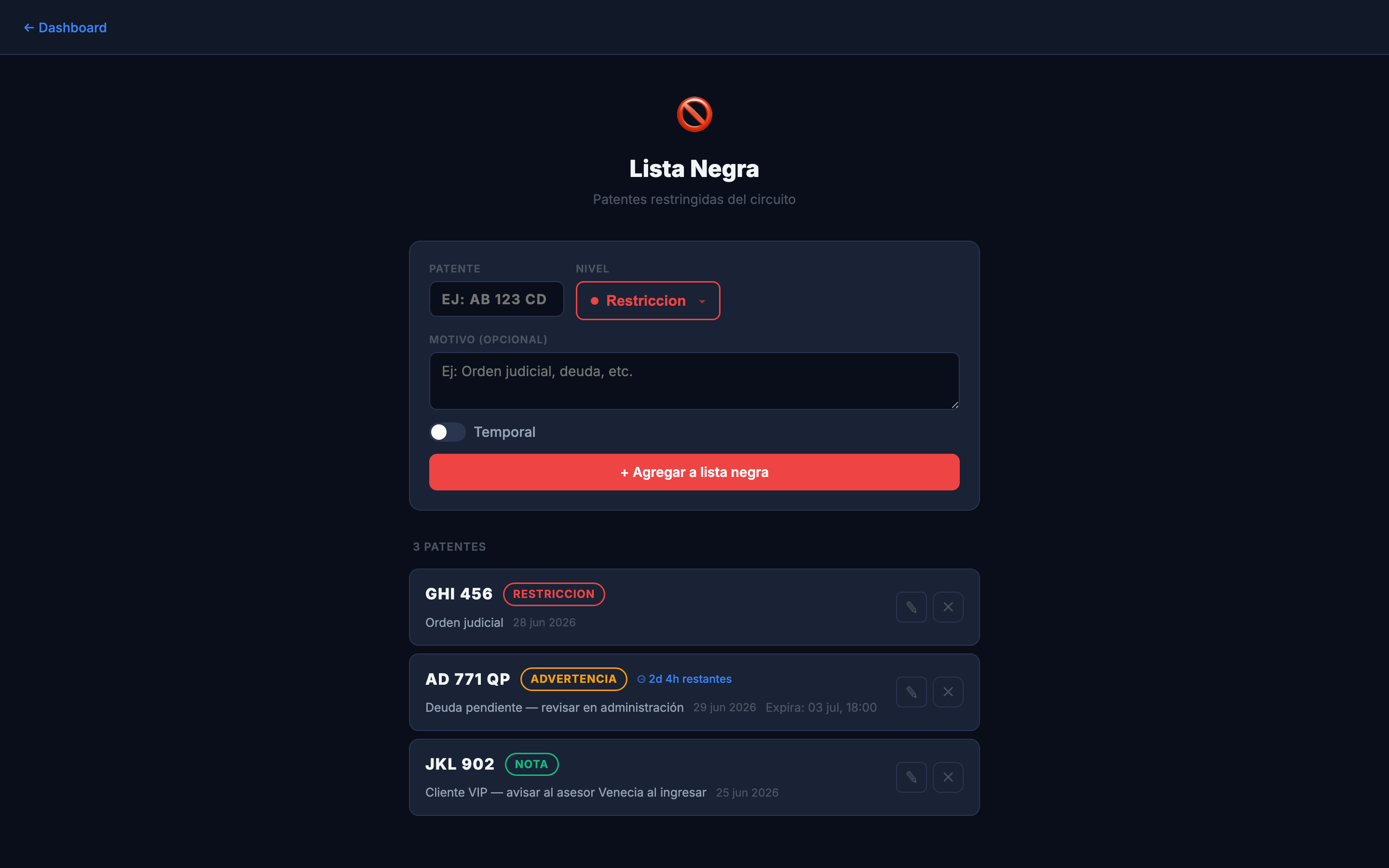 Administración de la lista negra con niveles de alerta y restricciones temporales