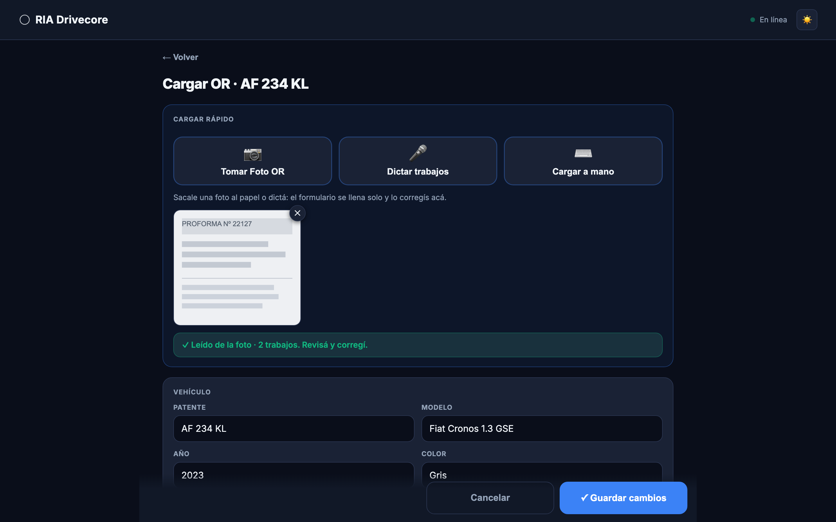 Pantalla de carga de orden de reparación por foto, audio o manual