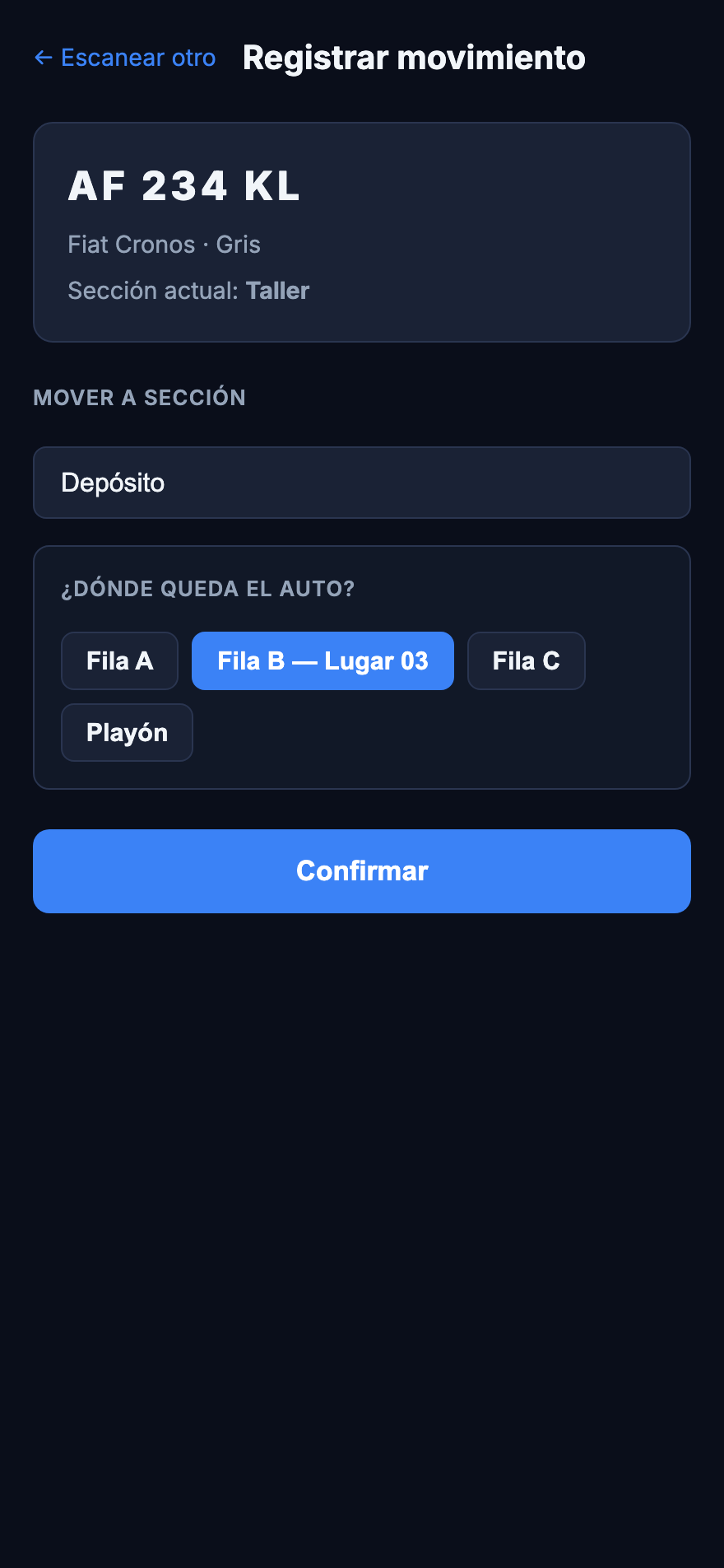 Pantalla de escaneo para registrar el movimiento de un vehículo entre secciones