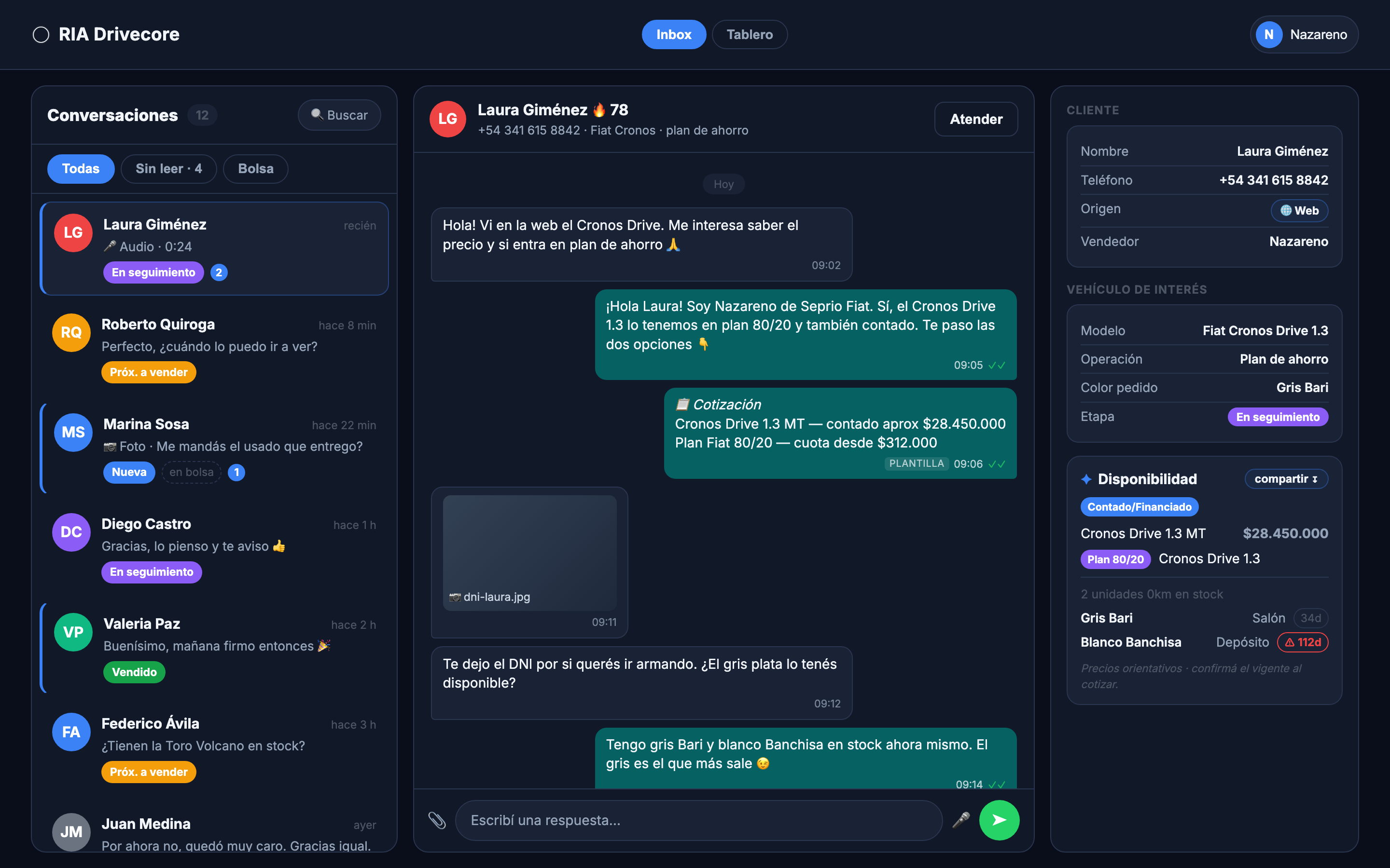 Bandeja del vendedor con la conversación del cliente unificada