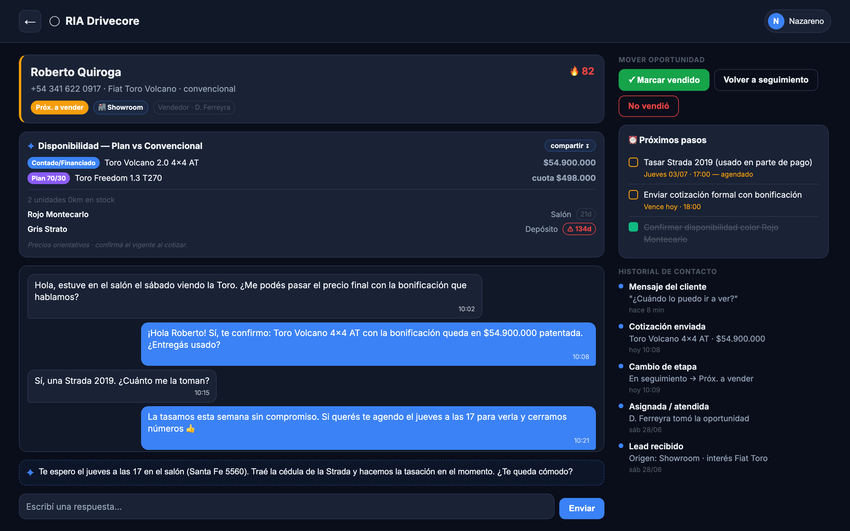 Ficha de oportunidad con vehículo de interés, disponibilidad de stock y herramientas de IA